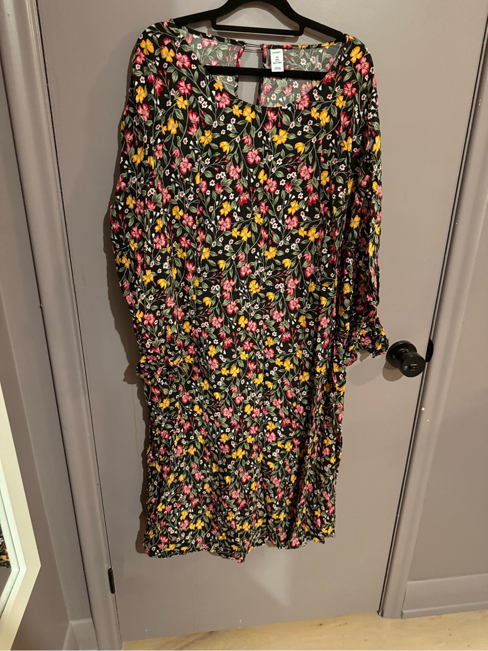 Women’s Black Floral Midi Dress with Pink & Yellow Blooms